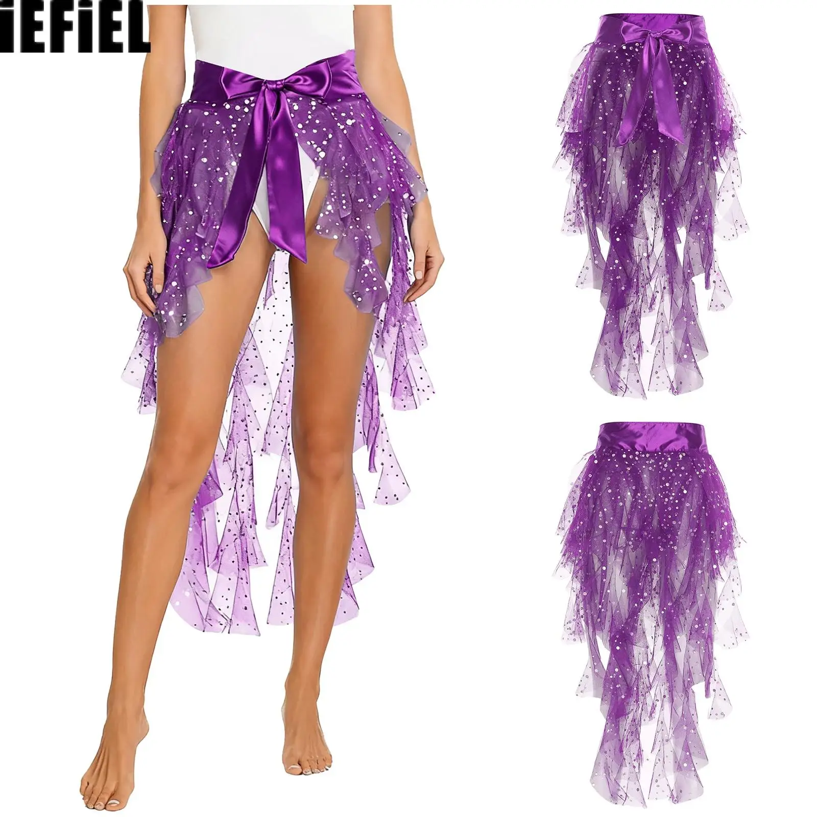 

Womens Belly Dance Skirts Scarf Ruffles Sequined Tulle Tiered Split Hem Satin Belt Waist Skirt Chacha Latin Tango Dance Skirts