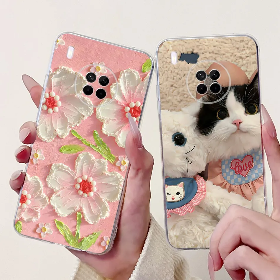For Huawei Y9a Phone Case Nova Y9a FRL-L22 FRL-L23 Elegant Floral Cat Painted Soft Silicone Transparent TPU Cases