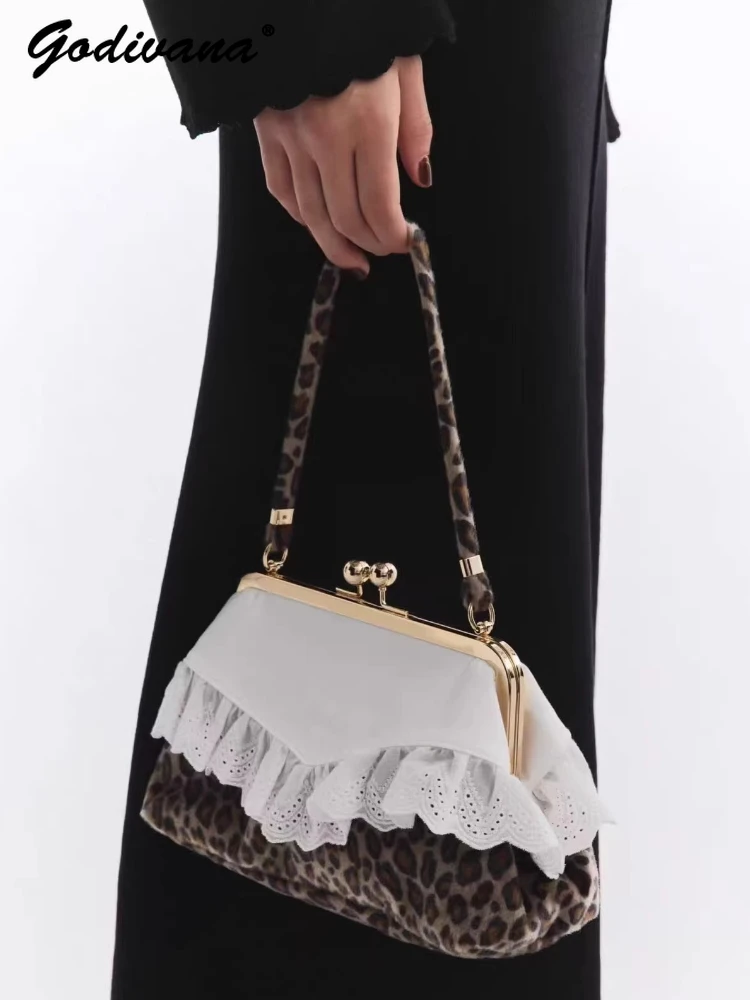 Japanese Style Elegant Ladies Handheld Lace Edge Shoulder Clasp Bag Women's Leopard Underarm Bag Tote Handbags