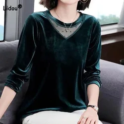 Autumn Winter Mesh Spliced Vintage Round Neck Tops Women's Clothing Fashion All-match Female Solid Color Long Sleeve Pullovers