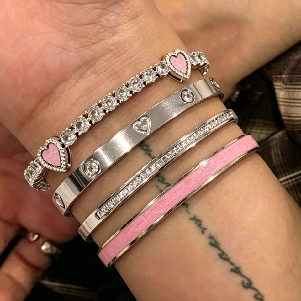 Yupsk 1/4pcs Sweet Cool Pink oil Dripping Stainless Steel Bracelet Set for Women Girls Versatile Non-fading Heart Jewelry Gift