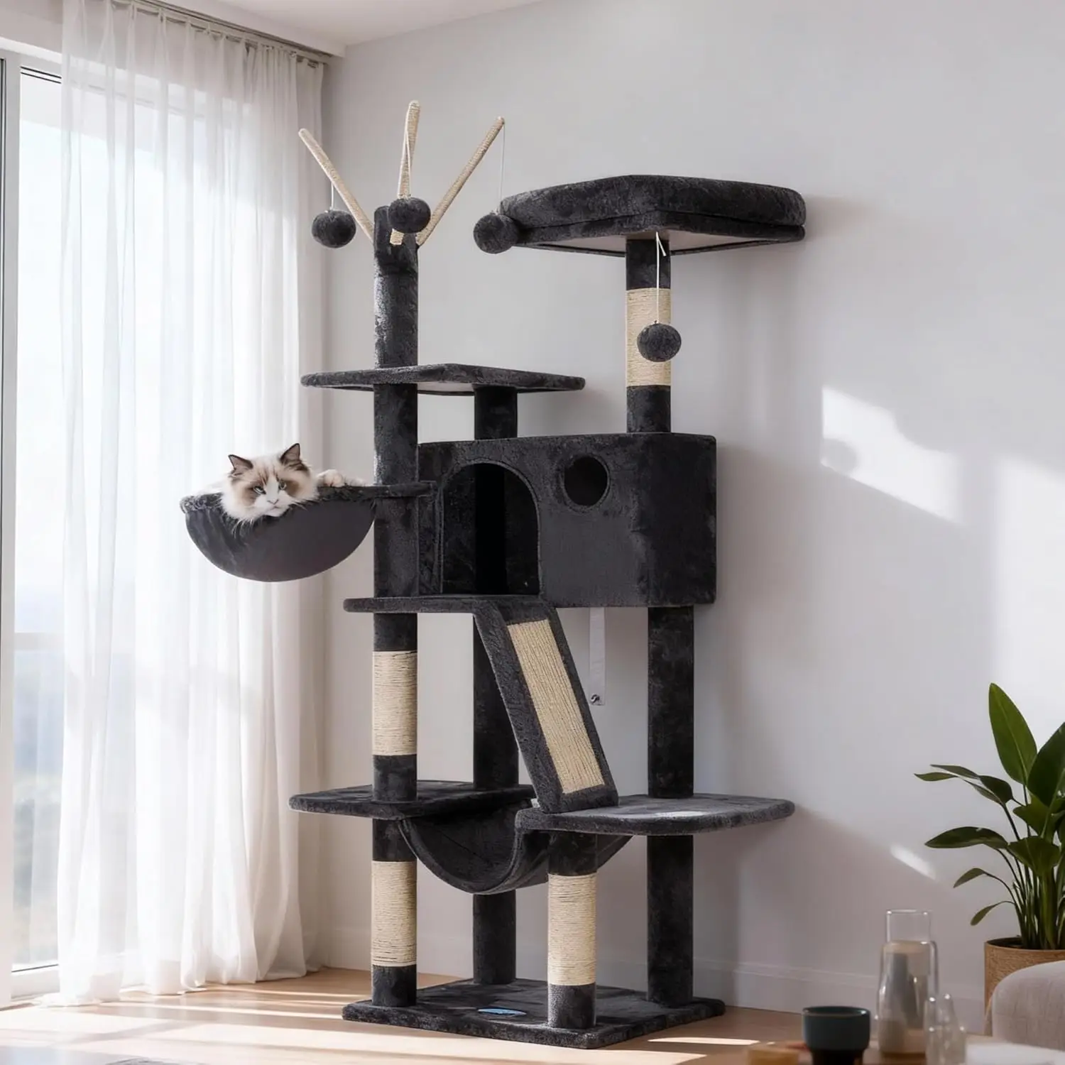 

Cat Tree, 53 inch Cat Tower for Indoor Cats, Cat House with Padded Platform Bed, Toy Balls, Large Cozy Condo, Hammocks a
