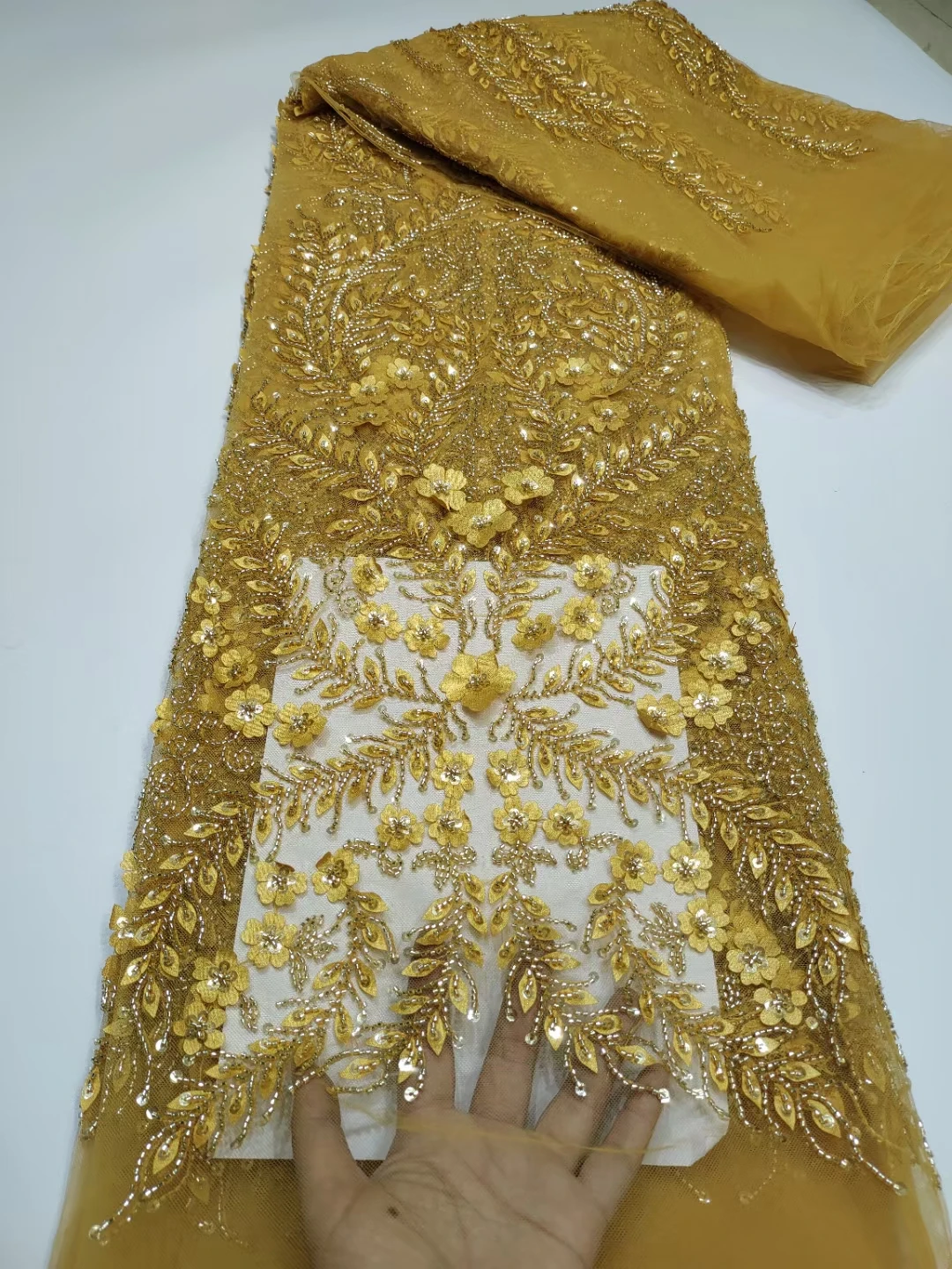 Bright Gold Top Selling French Nigerian Shinny  Sequins BeadsLace Fabric 8JRB-41202 French Embroidered Lady Show or Party Dress