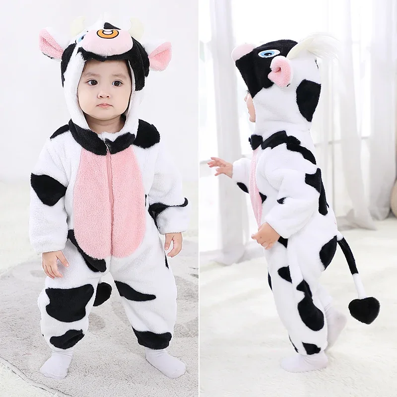 Baby Rompers Winter Kigurumi Cow Costume For Girls Boys Toddler Animal Jumpsuit Infant Clothes Pyjamas Baby Onesie Overalls