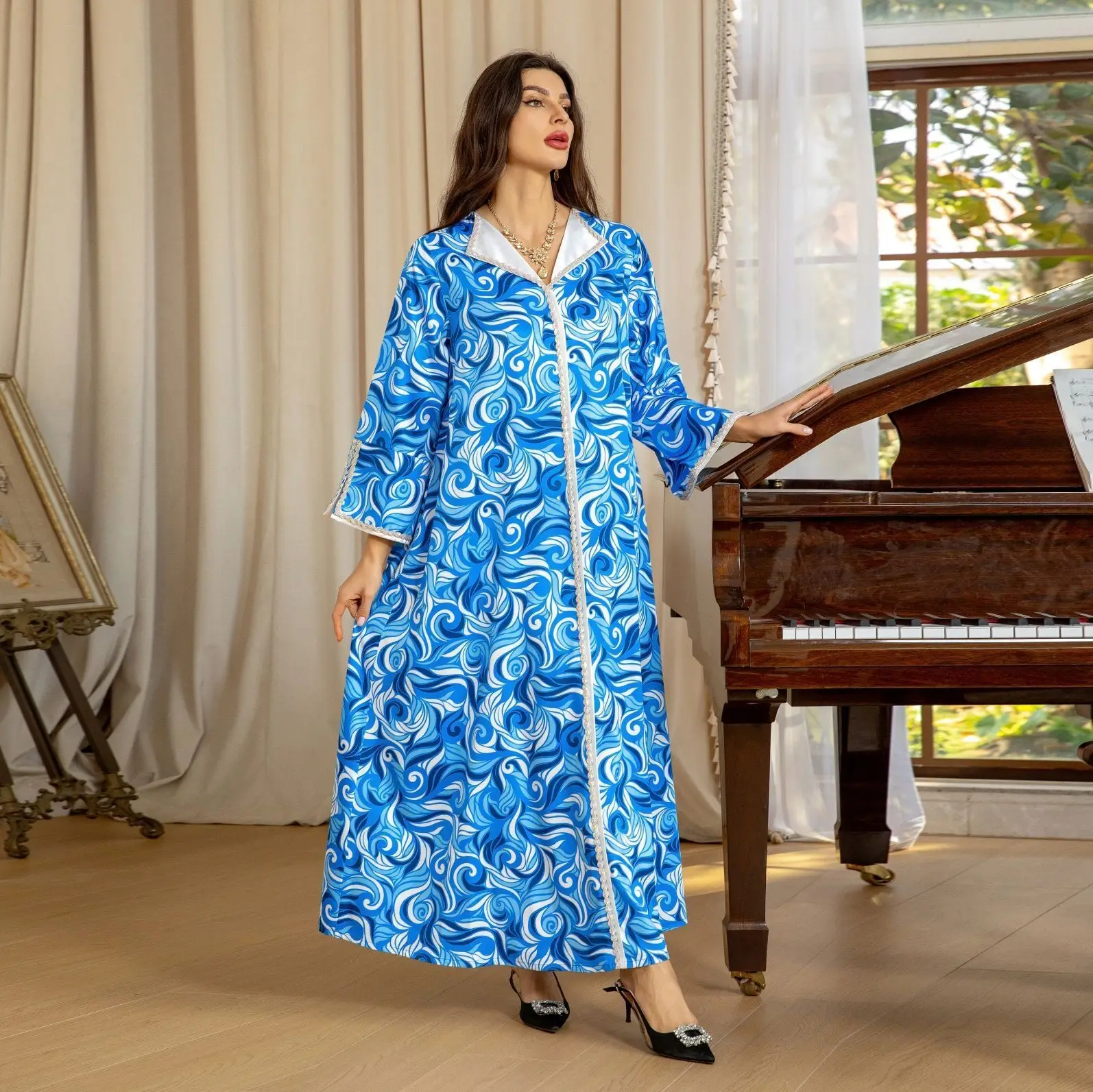 AB371 Clothing Muslim Women's Dress Indonesian Blue and White Blue Hot Stamped Diamond Dress