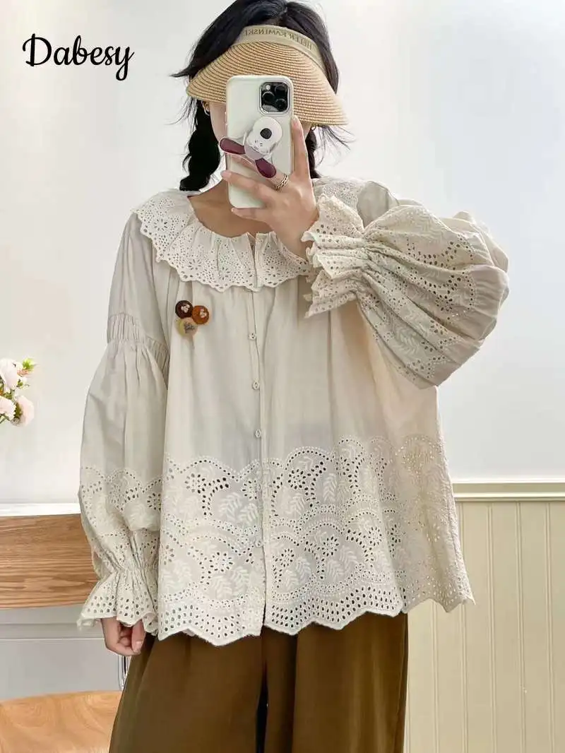 

Japan Style Hollow Out Cotton Shirt Women New Autumn Mori Girl Peter Pan Collar Long Puff Sleeve Blouses Loose Kawaii Solid Tops