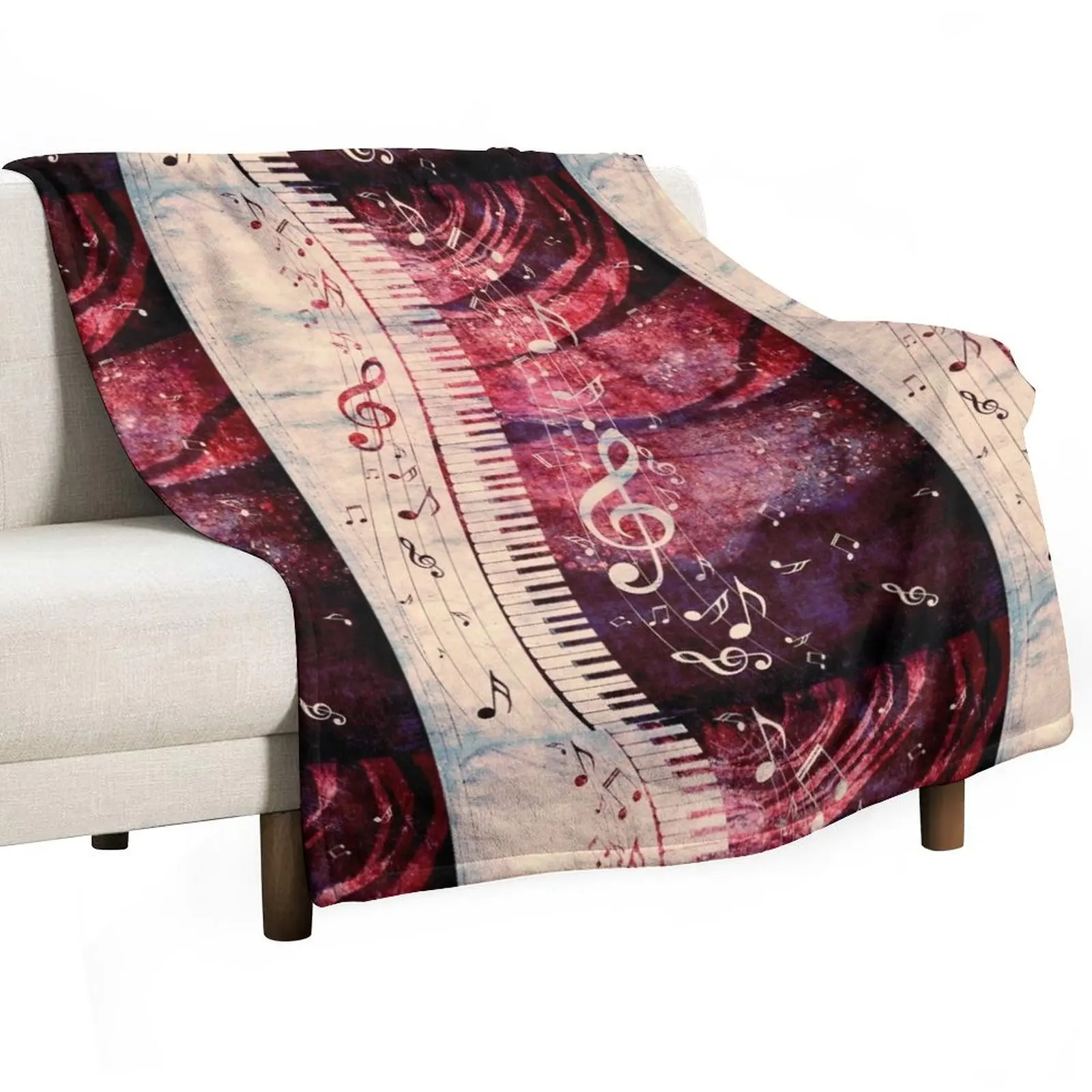 

Piano Keyboard with Music Notes Grunge Throw Blanket Travel Plush Blankets