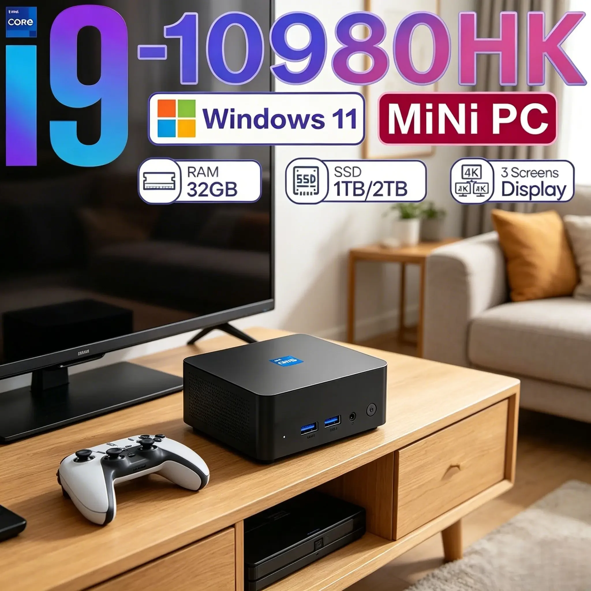4K UHD Mini PC Core Intel Core I9‑10980HK Windows 11 Pro 32GB RAM 1TB/2TB SSD WiFi 6 BT5.2 Slim Home Business Study Machine