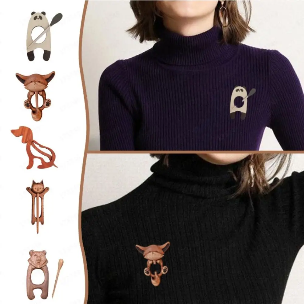 Wooden Brooch Animal Sweater Brooch Cat Panda Pin Dog Puppy Bear Cute Fashion Exquisite Breastpin Clothing Accessory