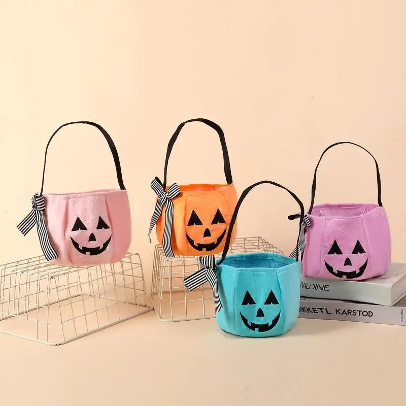 Hot Halloween Pumpkin Candy Bucket Bowknot Embroidery Handbag Kids Trick Or Treat Pouch For Holiday Party Cosplay Decor Props