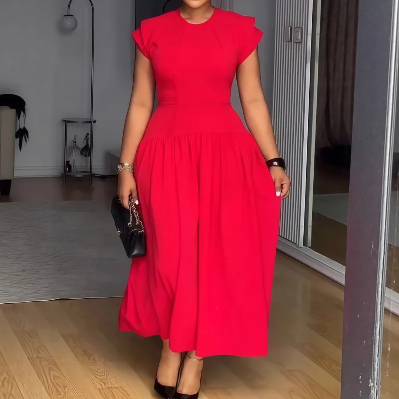 

HLJ Casual Bodycon Long Dresses Women Solid Color Flutter Sleeve Ruched Patchwork Dress Female Office Vestidos 2025 Autumn New