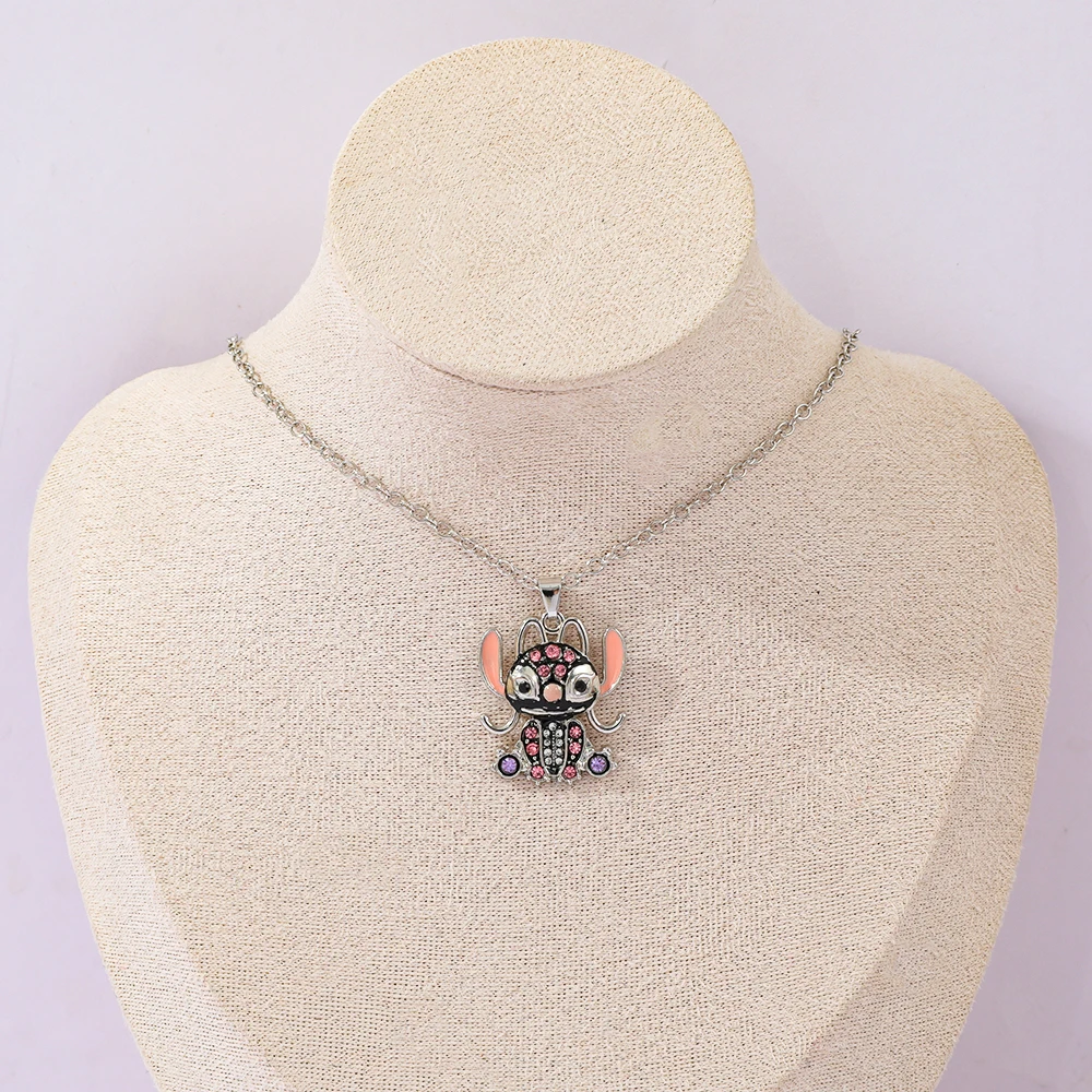1개 디즈니 릴로 & 스티치 힙합 목걸이 귀여운 라인스톤 펜던트 목걸이 패션 애니메이션 장난감 선물