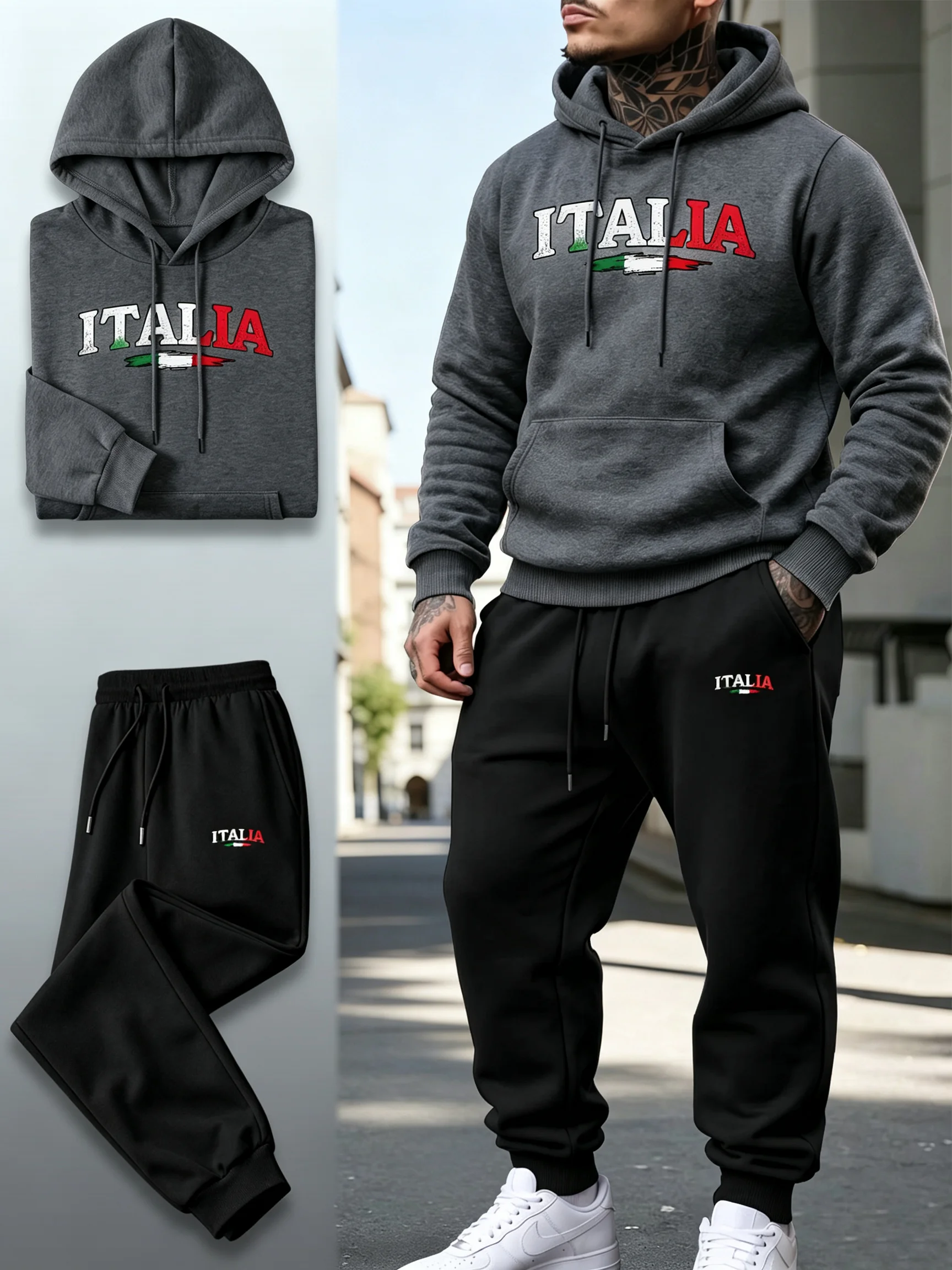 New Men 2‑Piece Tracksuit Italia Letter Print Hoodie Sweatshirt+Drawstring Jogger Pants Autumn Winter Outdoor Running Casual Set view 5