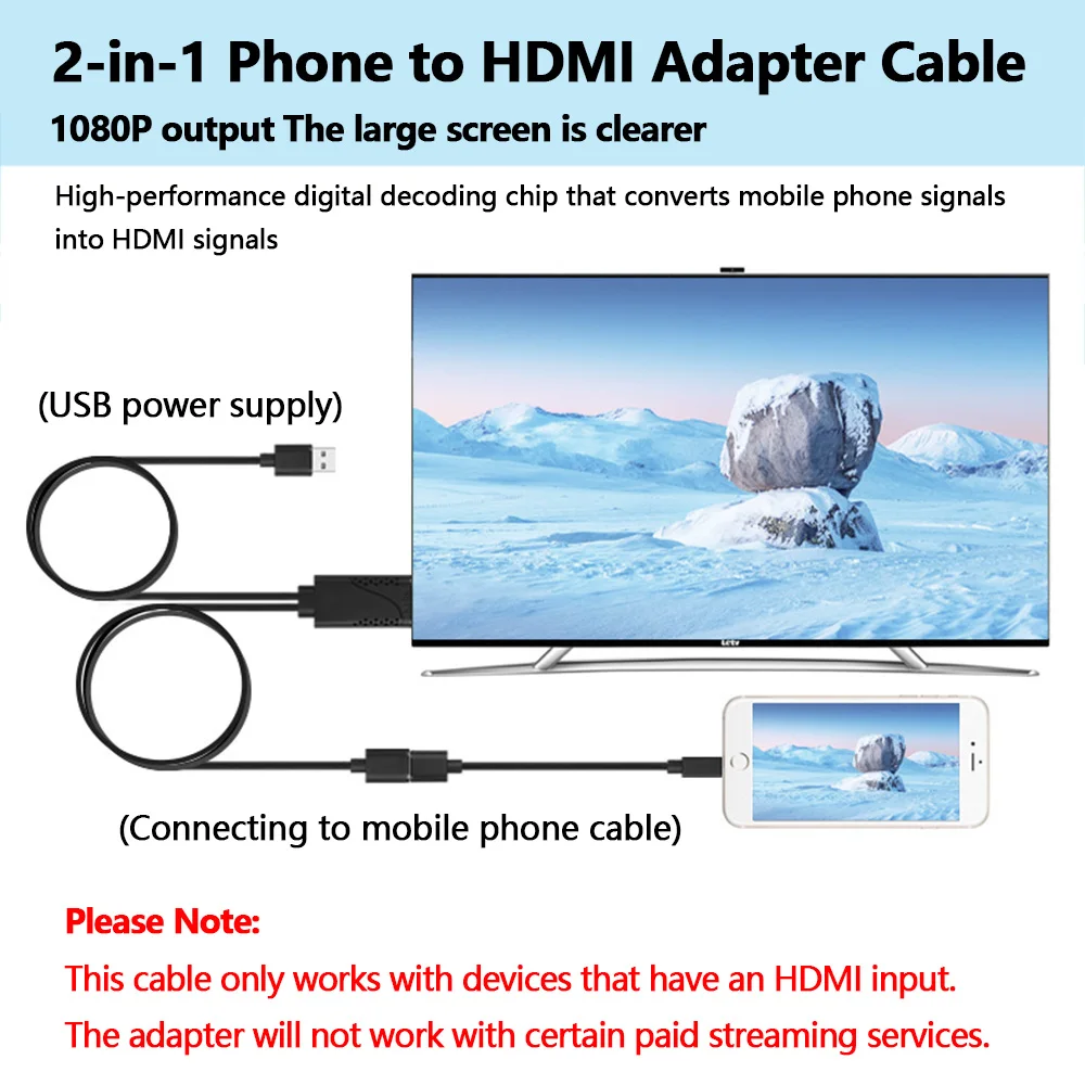 

1080P HD Phone to HDMI TV Adapter - 2-in-1 Type-C & Lightning Cable for iPhone & Android Tablets/Phones