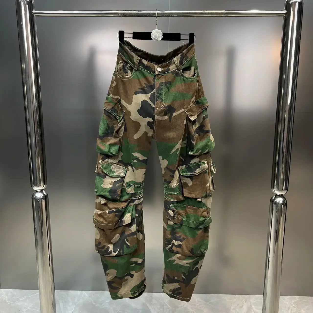 Newest Trendy Casual Straight  Camo Camuflague Baggy Pocket Cargo Pants Trousers Jeans Ladies Streetwear Denim Women'S Jeans