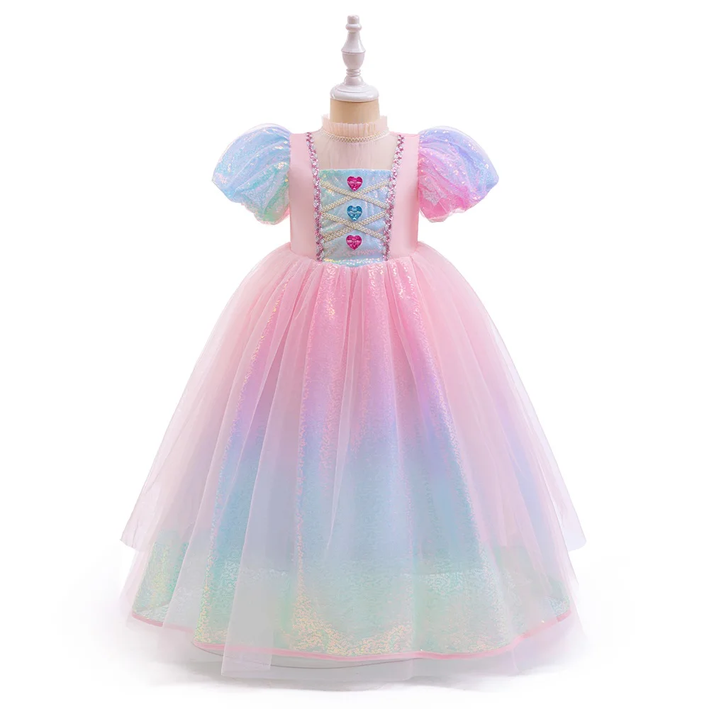 Young Girls Little Sleeping Beauty Party Dress Kids Rapunzel Pink Beading Tutu Dresses Girl Fluffy Summer Costume Children Gown