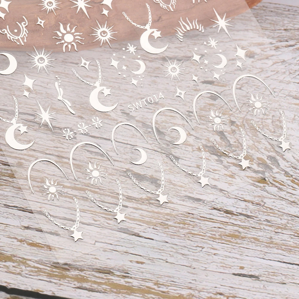 ملصق تزيين أظافر ذاتي اللصق ، نجمة فضّية ، برنز ، شمس ، قمر ، نجمة ، أجنحة ، قلوب ، منزلق مانيكير ، ملحق ديكور الأظافر