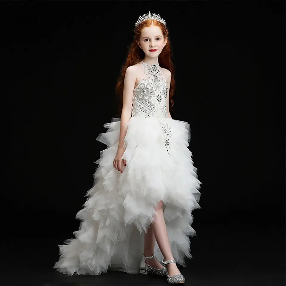 

Exquisite White Shiny Crystals Beaded Flower Girl Dresses For Wedding 2023 Tulle Princess High Low Pageant First Communion Gowns