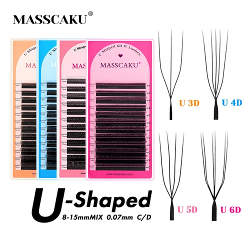 MASSCAKU 3D/4D/5D/6D U pestañas 8-15mm longitud mixta diseño U sin dispersión de raíces Extensiones De Pestanas para maquillaje De belleza