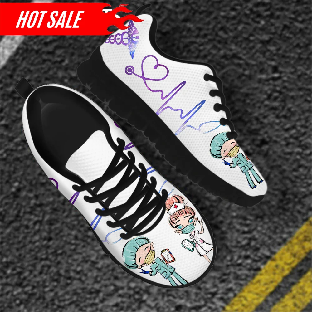 Brand Design Cartoon Nurse Doctor Heartbeat Medical Sneakers Lace Up Flat Shoes Physician Nursing Shoe Mesh Footwear