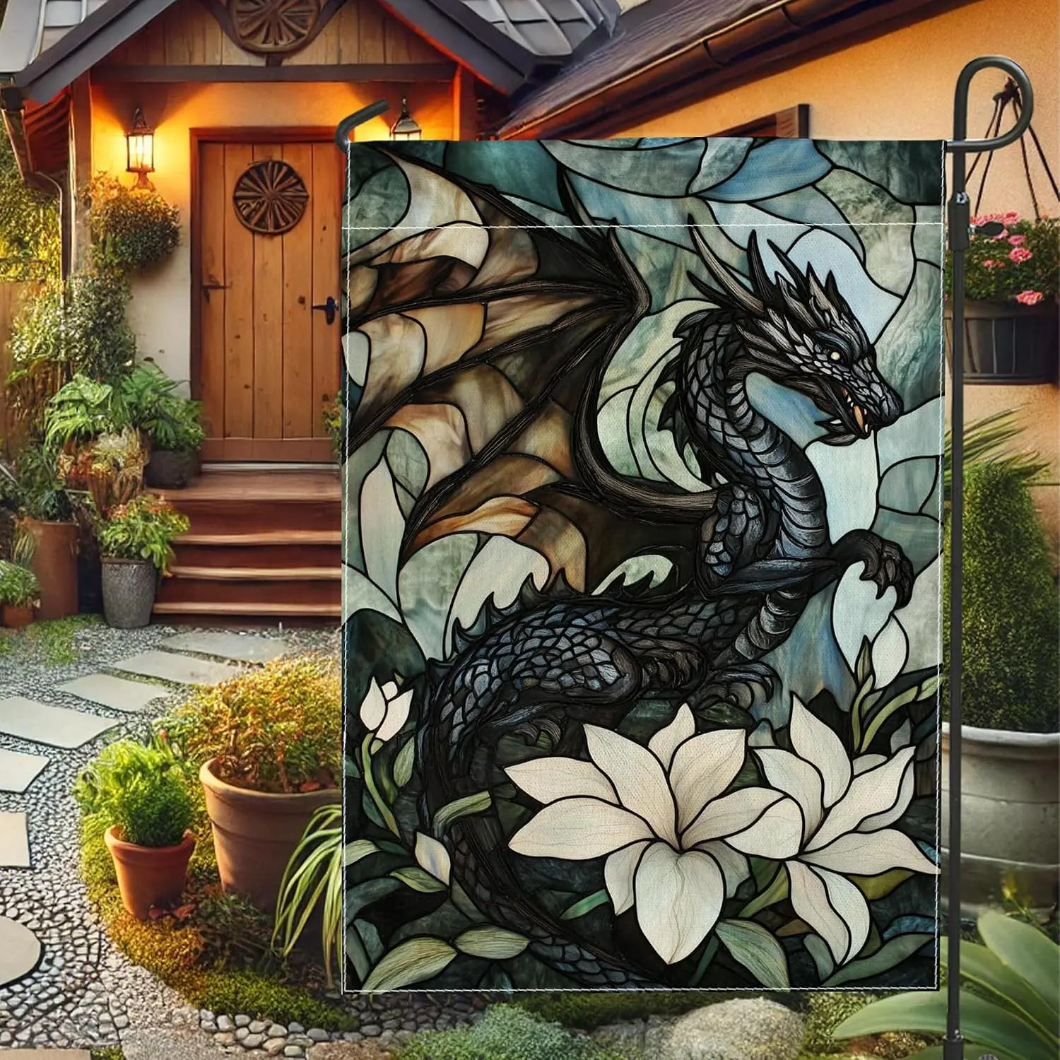 Dragon Motif Garden Flag, Black Stained Glass Style Home Decor Garden Flags, Double Sided for Fall Outdoor Lawn Decor 12x18  uui