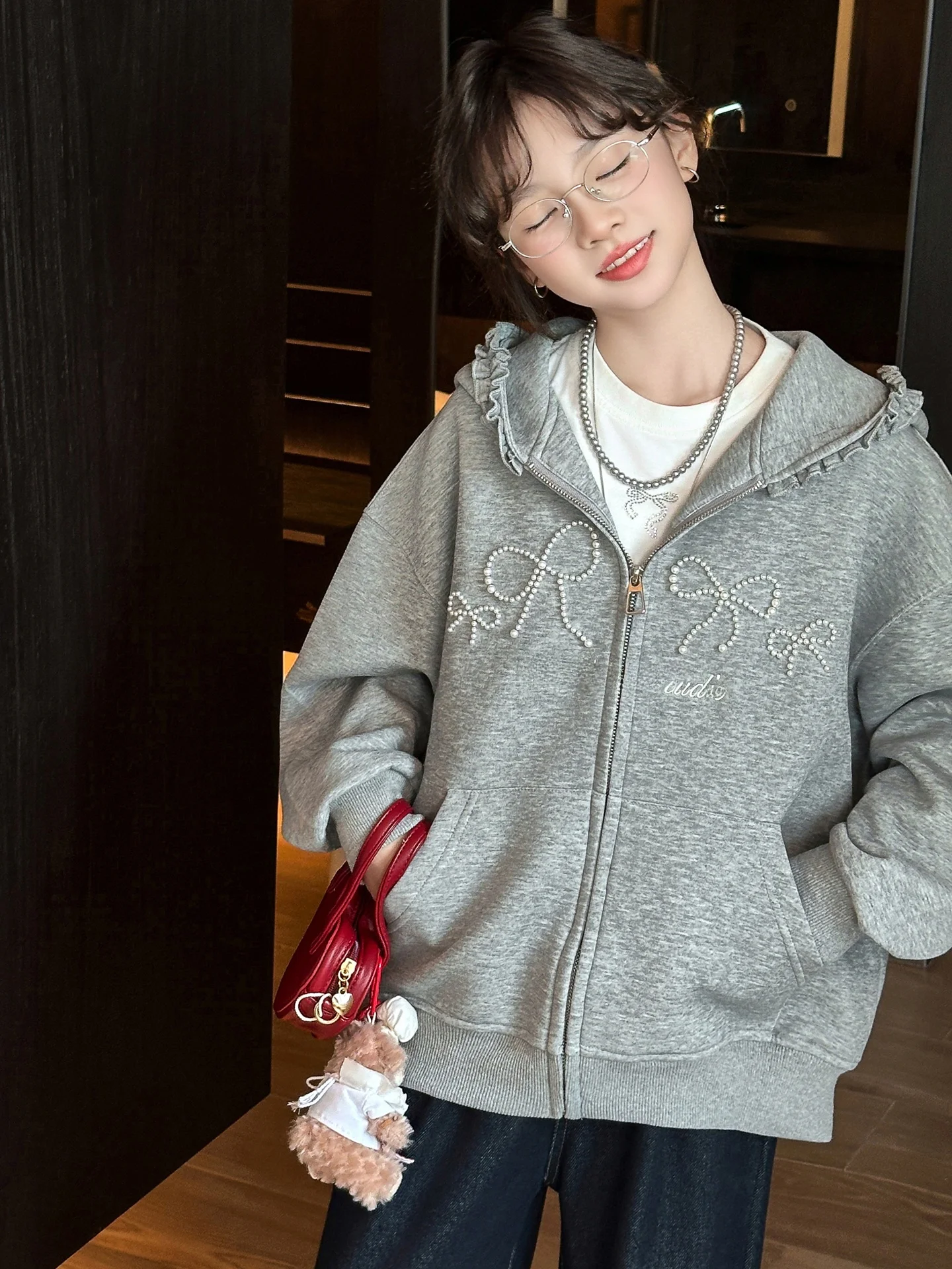 韓国スタイルの女の子用フード付きジャケット春秋着用可能長袖ジッパー開閉バタフライノットデザインアウトドア子供用コート