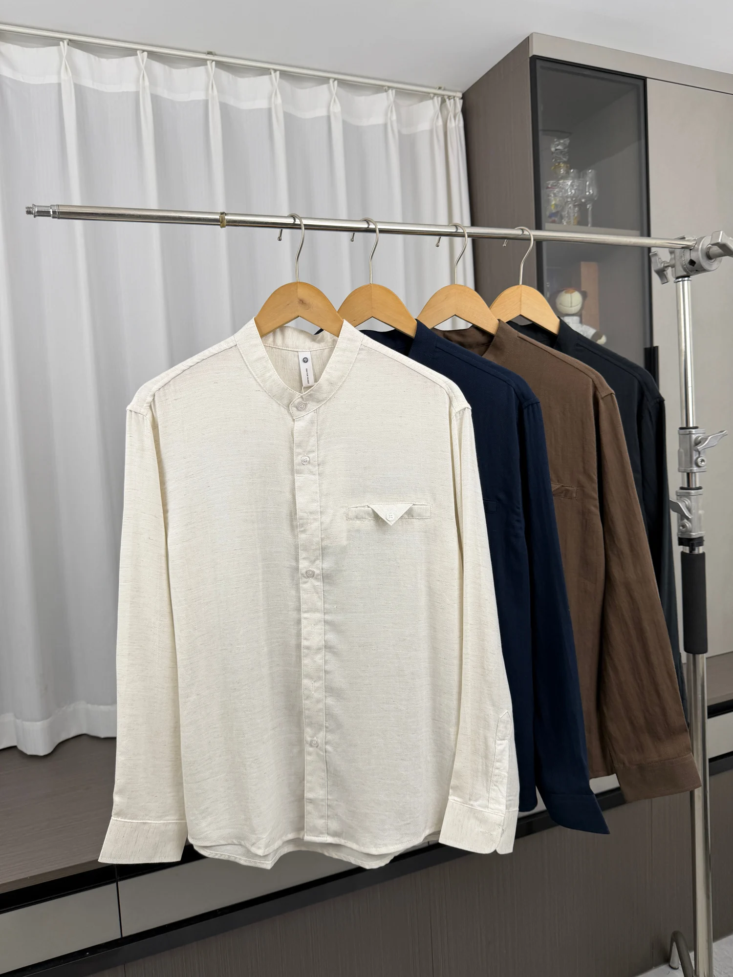 Linen Mix Henry Collar Casual Men's Shirt Single Pocket Autumn Fashion Loose Fit Long Sleeve Sun Protection  Color