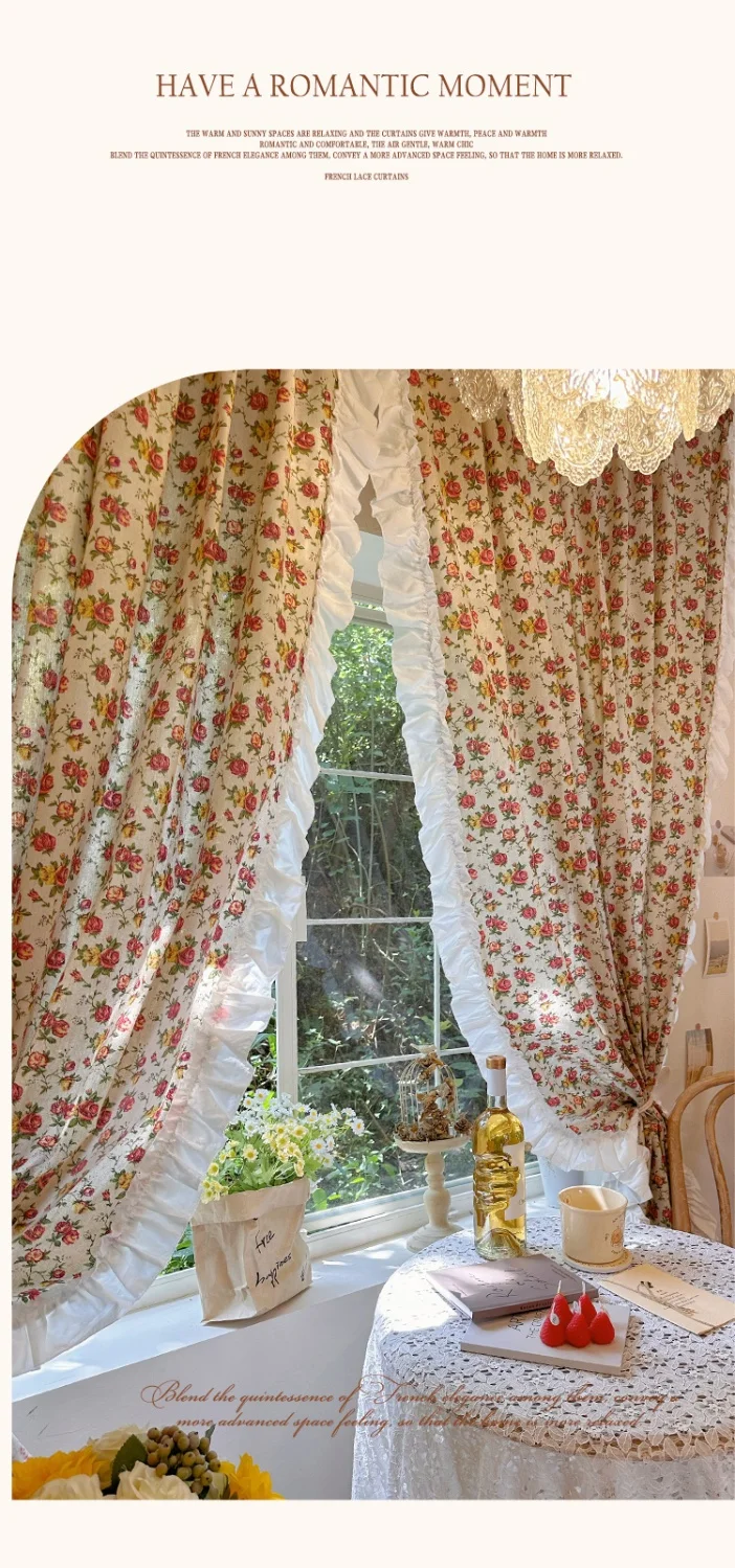 Amerikanische Rüschen vorhänge, bedruckte Rosen schlafzimmer im französischen Landschafts stil aus Spitze, Erkerfenster im Ins-Stil, Bildschirm vorhänge – Detail 6