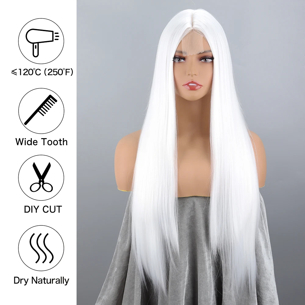 White Long Straight  Front Synthetic Wig Without Bangs For Women Hair Fibers Are Heat Resistant Cosplay Daily Wear