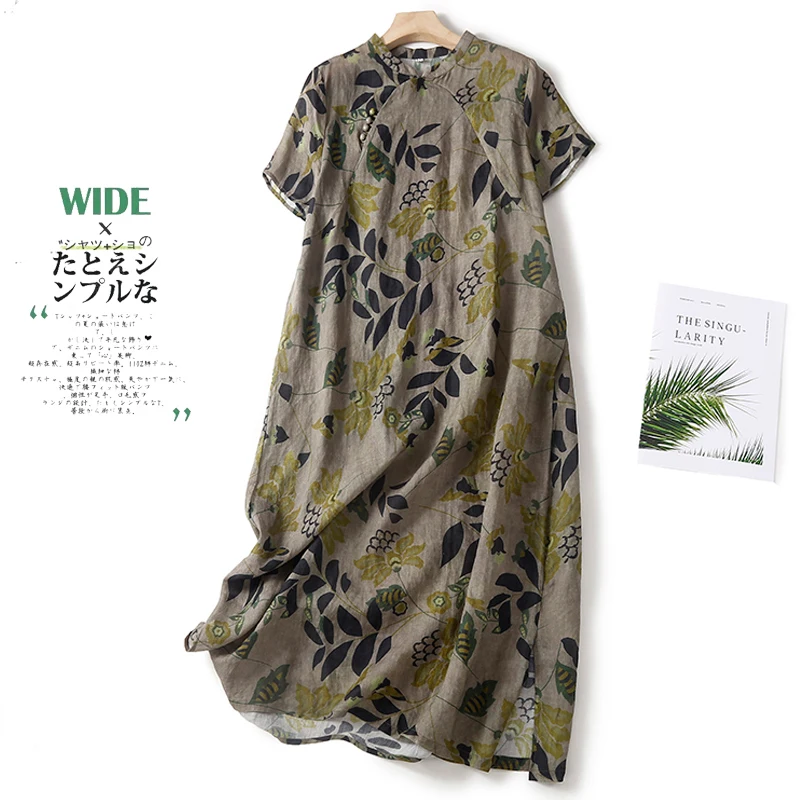 2022 Summer New Arts Style Women Short Sleeve Stand Collar Long Dress Vintage Print Casual Cotton Linen A-line Dresses C230