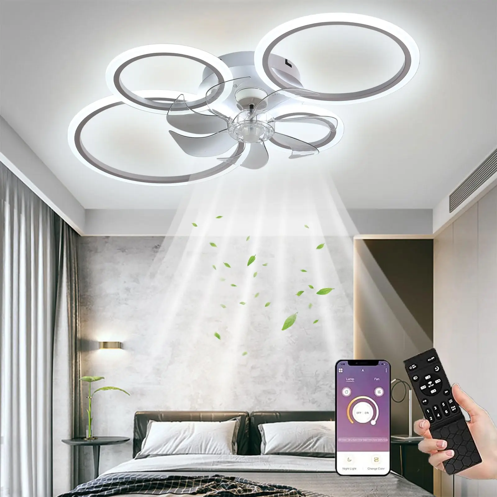 Ventilateur De Plafond Avec Éclairage, Plafonnier LED Avec Ventilateur Télécommande Et Application Silencieuse, 60 W, Lampe De Plafond À Intensité Variable Avec Ventilateur Pour Chambre À Couche