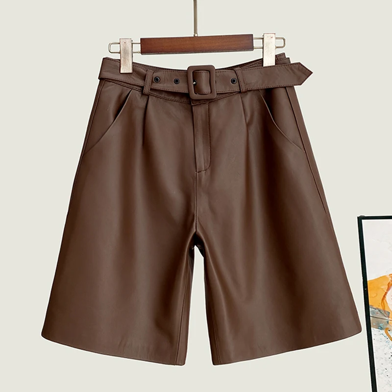 Fashion Real Leather Shorts for Women Casual High Waist Loose Wide-leg Short Pants with Belt Female Brown Slim Sheepskin Shorts