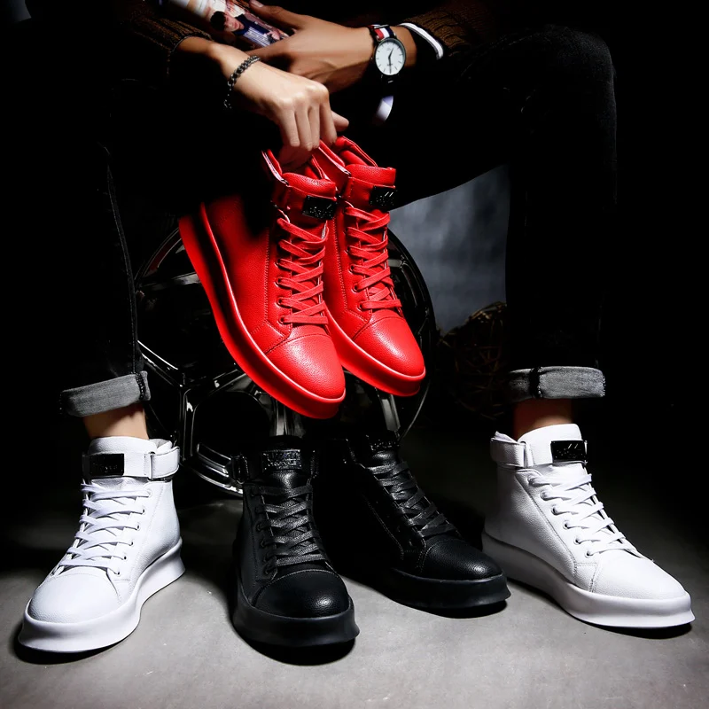 Fashion Luxury Men\'s Red High Top Sneakers PU Leather Casual Sneakers Men Flat Designer Shoes Breathable Hip Hop Sport Shoes Man