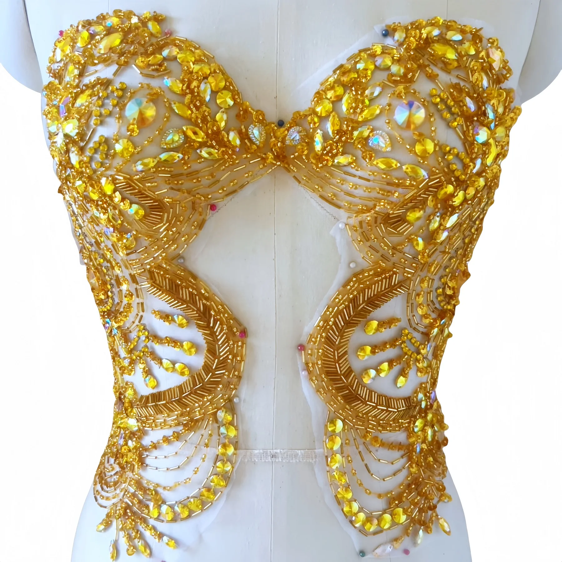 Hand beaded 3D Golden Yellow Sew on Costumes Crystals Rhinestones Appliques Patch Patchwork Sewing For Eveing Elegant Wedding