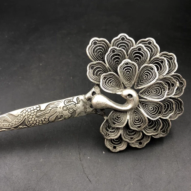 Chinese Old Tibet Silver Gemstone Inlay Carving Peacock Hairpin
