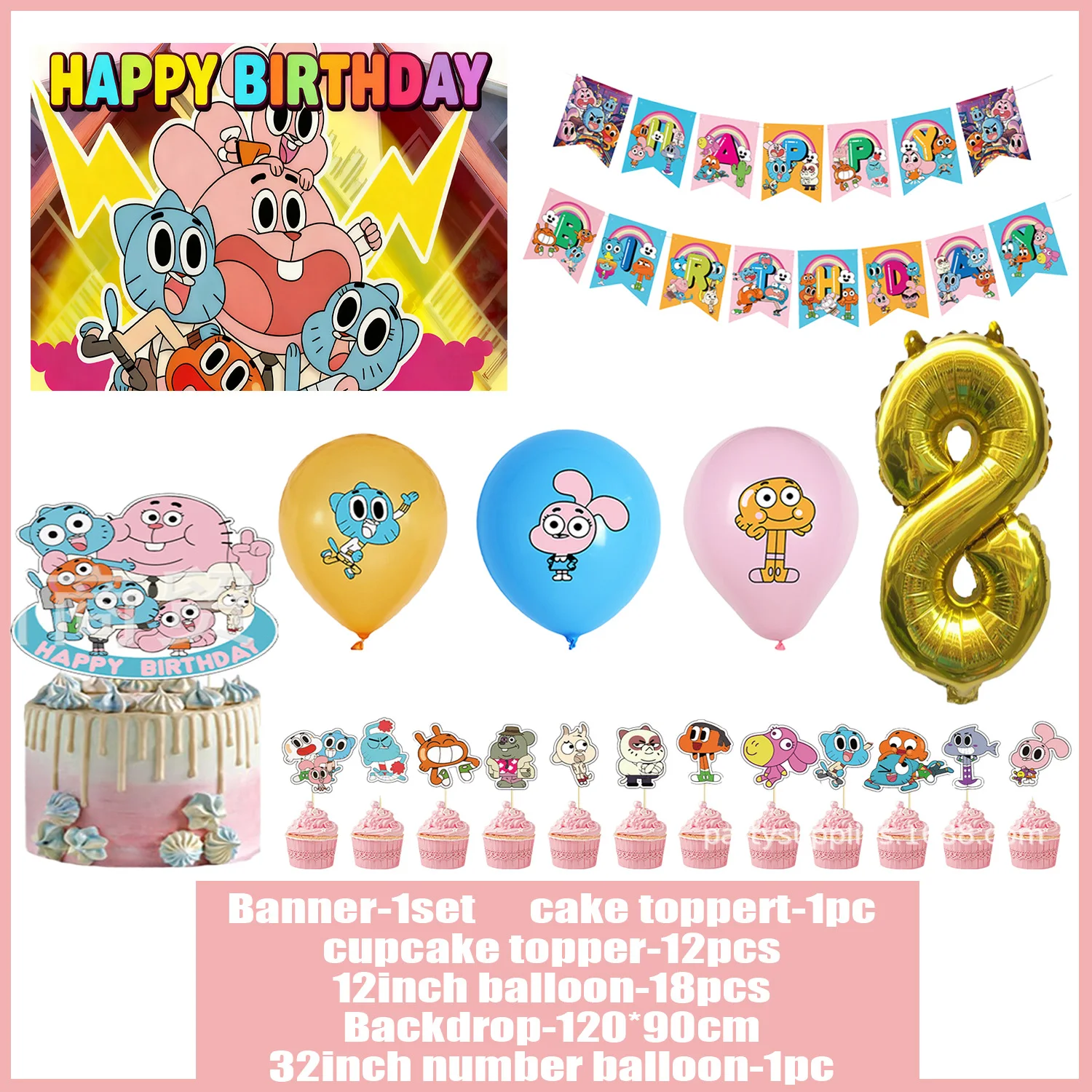 Cartoon Gumball Geburtstagsparty-Zubehör Erstaunliche Welt Happy Birthday Ballon-Banner Cupcake-Topper Hintergrund für Kinderparty-Dekoration – Detail 5