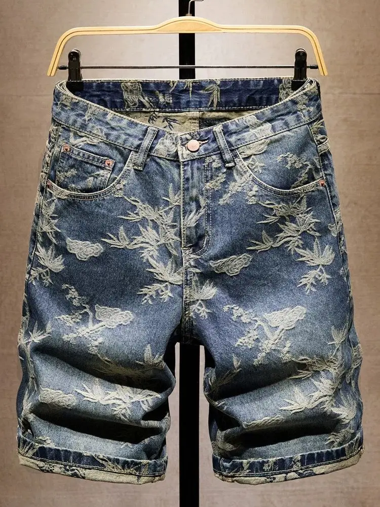 Jacquard Denim Shorts Chinese Style Straight Five-Point Pants Trendy Mid-Length Jeans New Fashion Tide Summer