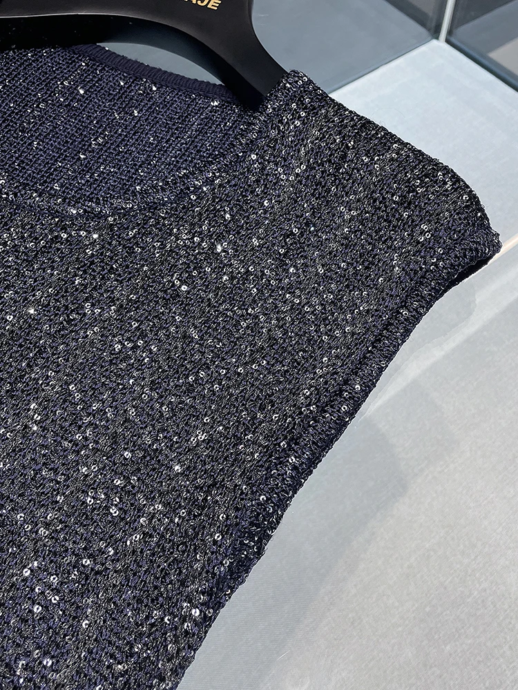 South Oil High-End Mujer Primavera Pequeña Fraance Sle Pesado Embelezado Lentejuelas Svel Tricotado Dr Fem Faion