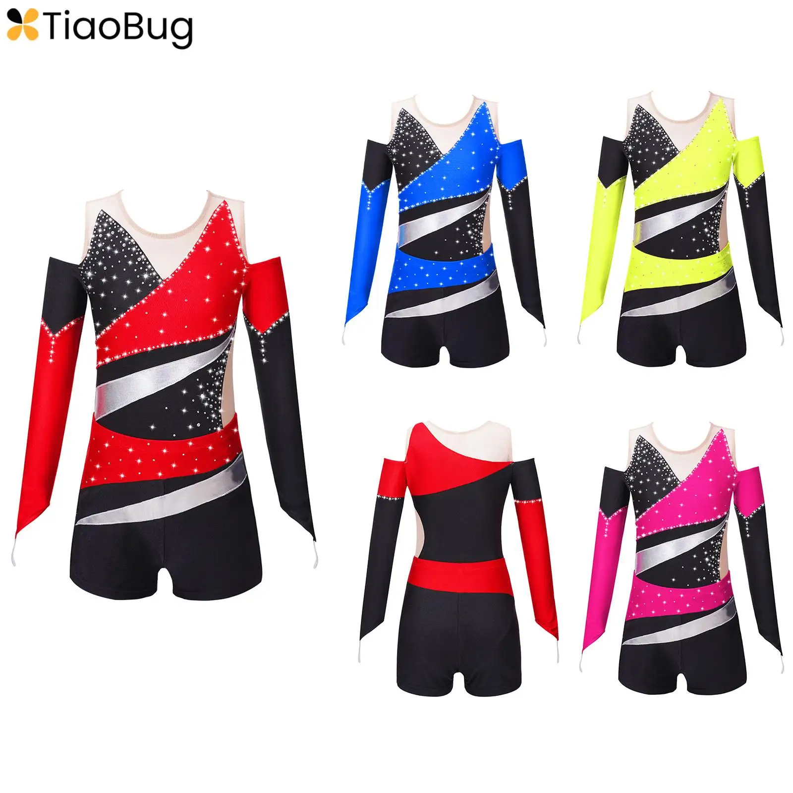 

Kids Girls Rhinestone Ballet Dance Outfit Set Off-shoulder Long Sleeve Gymnastic Leotard Bodysuit with Short Ice Skating Costume