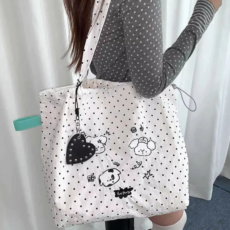 Cute Polka Dot Puppy Embroidery Shoulder Bag Cartoon Graffiti Nylon Tote Bag Lightweight Large Capacity Handbag For Daily Commut