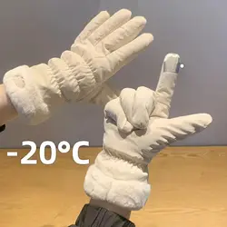 Ski Gloves Women Winter Fleece Thickened Warm Plush Cotton Waterproof Touch-Screen Gloves For Outdoor Riding Mountaineering