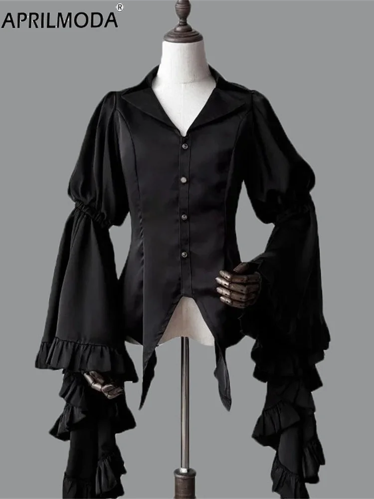 

Elegant Japanese Vintage Lolita Gothic Black Red Blouses Women Victorian Shirt Flare Sleeve Blouses Aesthetic Casual Retro Tops