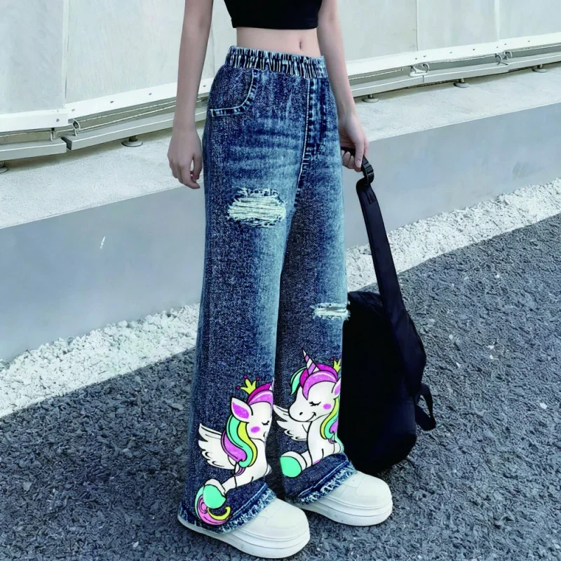 Мода для девочек Y2K в уличном стиле 2025 года — винтажный милый принт единорога — детские свободные широкие брюки из искусственного денима