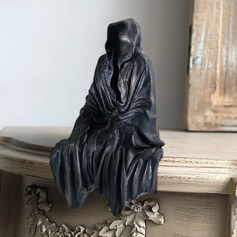 1pc Gothic Black Robe Figure, Resin Craft, Spooky Cloaked Ornament, Halloween Garden Decor, Home Decor Collectible