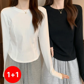 1+1봄가을 이너 여성 슬림핏 베이직 심플 라운드넥 긴팔 티셔츠 숏탑 TS2939