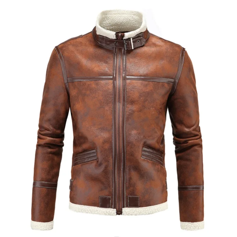 

2023 New Men Leather Clothing with Stand Collar Winter Men Fleece-Lined Thicken Fur Integrated Leather Lambswool Leather Jacket