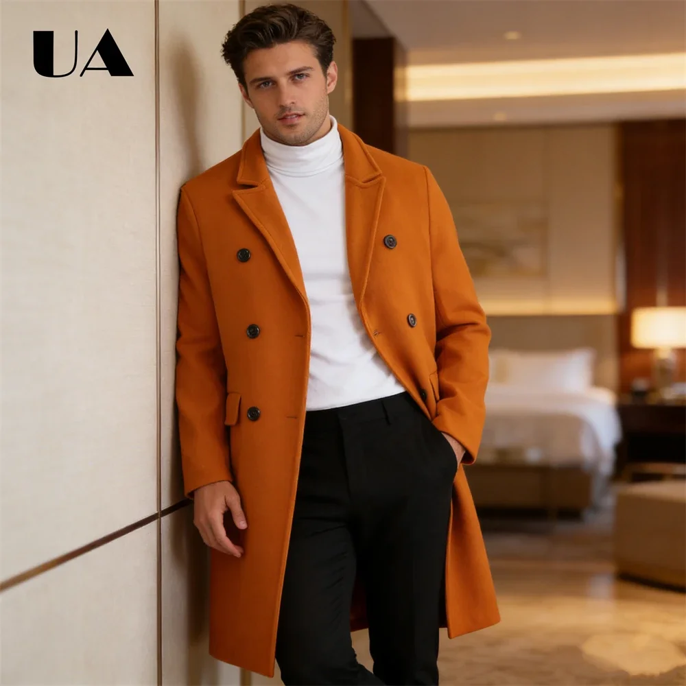 Men's Camel Orange Double-Breasted Overcoat Trendy Bold Color Formal Streetwear Date Night Eye-Catching Chic Outfit