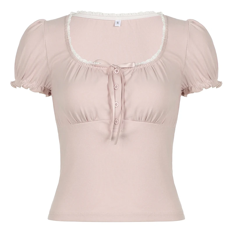 CIBBAR Sweet Bandage Bow Crop Top Pink Cute Coquette Ruched Short Sleeve T Shirt Summer Casual Square Collar Tees y2k Aesthetic