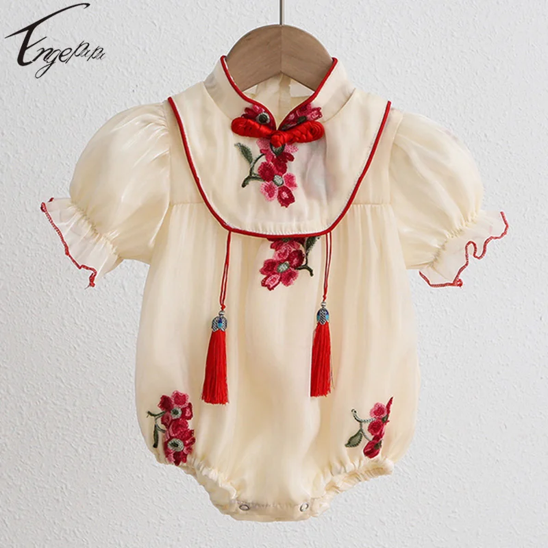 

Baby Girls Cheongsam Rompers Short Sleeves Jumpsuit Bodysuit Chinese Style Toddler Baby Girls Flowers Rompers Clothes 0-2Yrs