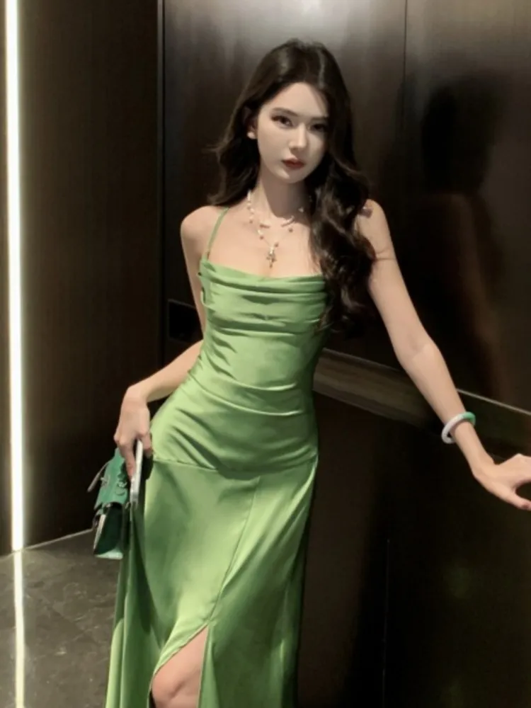 French Elegant Satin Women's Dresses Summer Swing-Collar Side Slit Slim Sexy Green Sling A-line Dress Party Evening Chic 2025